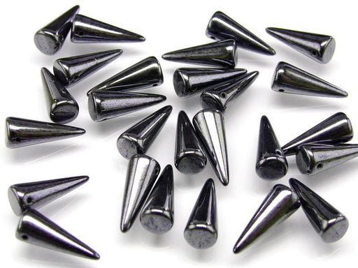 10 St. Spike Gepresste Perlen 7x17mm, Böhmische Glas, Jet Hematit