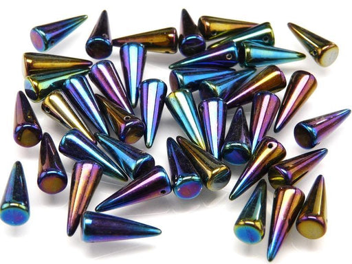 10 St. Spike Gepresste Perlen 7x17mm, irisierend, Tschechisches Glas