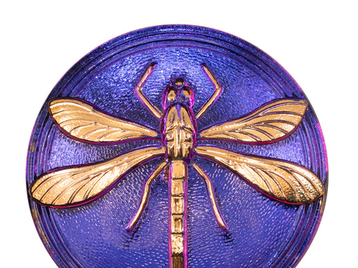 1 pc Tschechischer Glascabochons 40,5 mm, Blau Lila Glasmalerei Goldlibelle, Tschechisches Glas