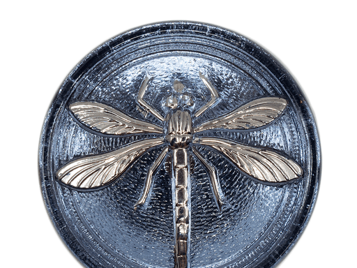 1 St. Tschechischer Glascabochon, Blue Montana, silberne Libelle (glatte Rückseite), handbemalt, Größe 18 (40.5 mm)