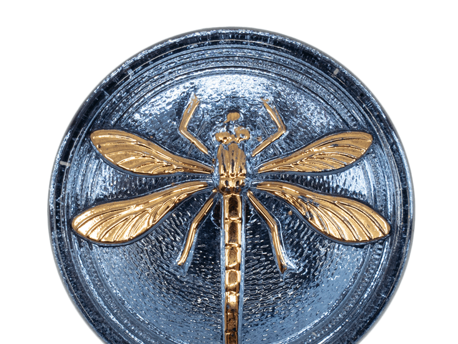 1 St. Tschechischer Glascabochon, Hellblau, goldene Libelle (glatte Rückseite), handbemalt, Größe 18 (40,5 mm)