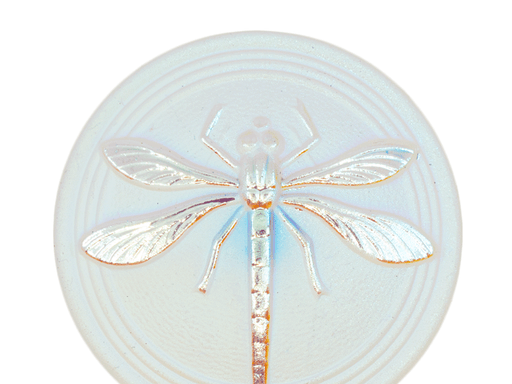 1 St. Tschechischer Glascabochon, Mattweiß, silberne Libelle (glatte Rückseite), handbemalt, Größe 18 (40,5 mm)