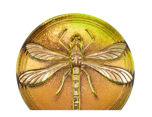 1 St. Tschechischer Glascabochon, Rosagrün, goldene Libelle (glatte Rückseite), handbemalt, Größe 18 (40.5 mm)