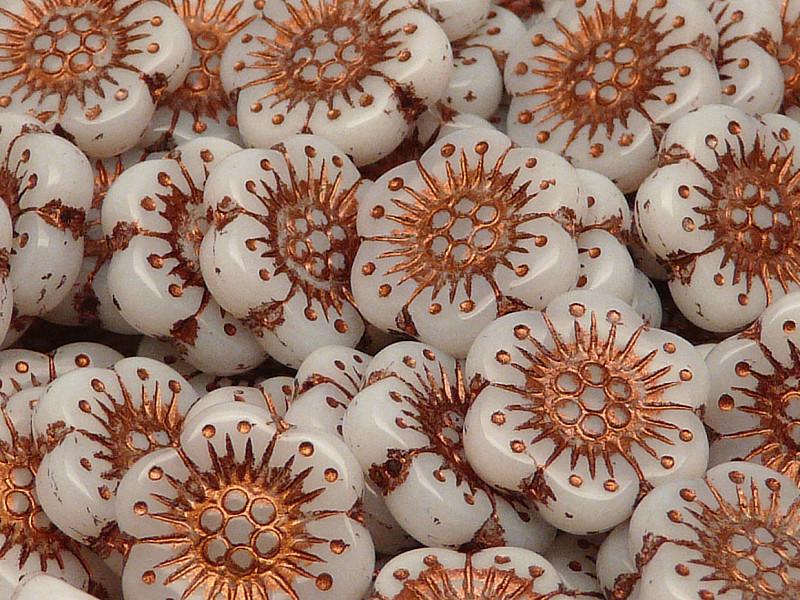12 St. Blume Perlen 18mm, Tschechische Glas, Weißer Alabaster mit Bronzefarbener Farbe