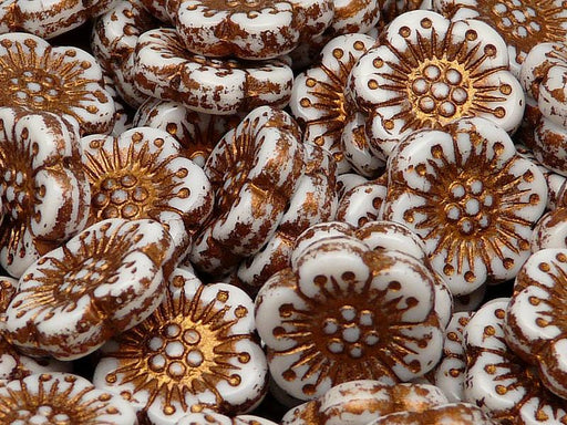 12 St. Blume Perlen 18mm, Tschechische Glas, Kreideweiß mit bronzefarbener Farbe