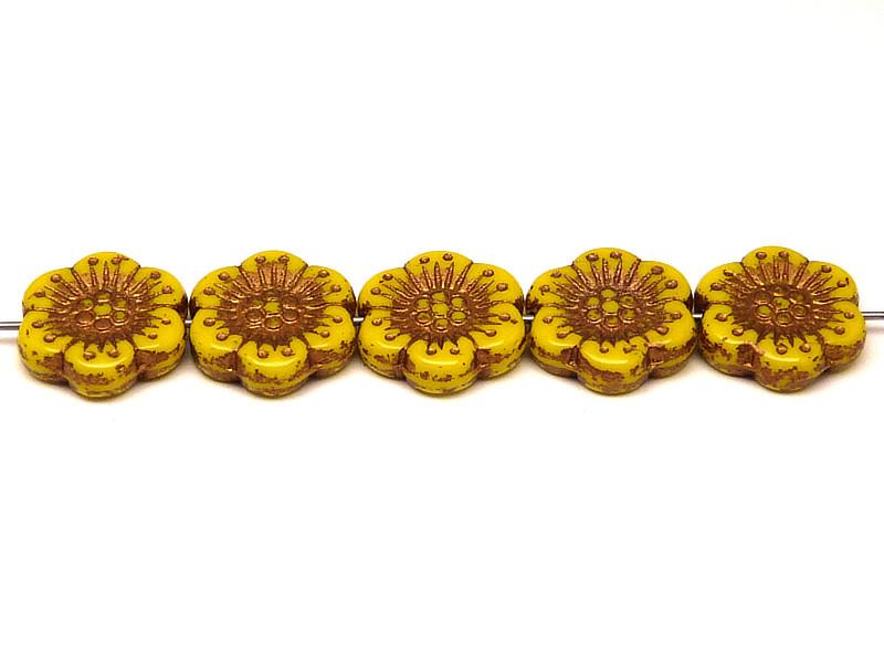 12 St. Blume Perlen 18mm, Tschechische Glas, Undurchsichtiges Gelb mit Bronzefarbener Farbe