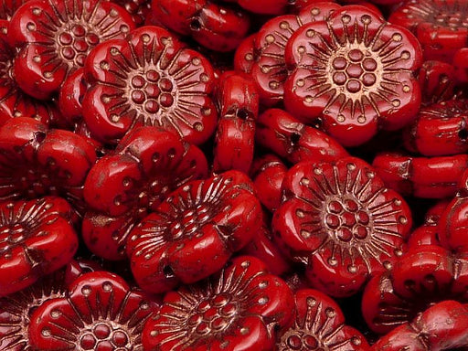 12 St. Blume Perlen 18mm, Tschechische Glas, Rote Koralle mit Bronzefarbener Farbe