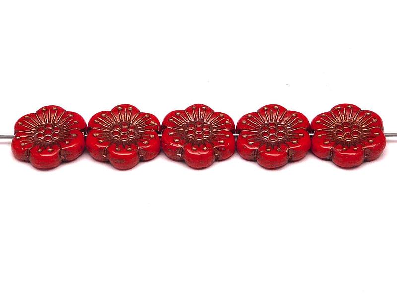 12 St. Blume Perlen 18mm, Tschechische Glas, Rote Koralle mit Bronzefarbener Farbe
