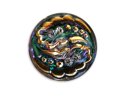 Tschechischer Glasknopf handbemalt Größe 12 (27.0 mm | 1 1/16'') Gold. Grün Lila mit Kristallstrassteinen Tschechisches Glas  Multicolored