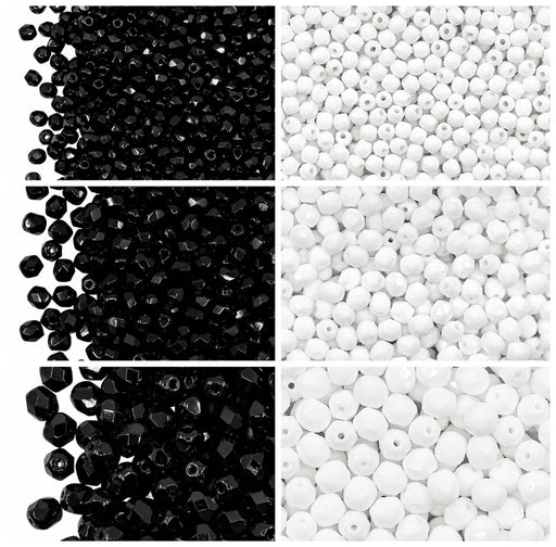 1 St. Fire-Polished Glasperlen Set rund 3mm, 4mm, 6mm, 2 Farben,  Jet Schwarz und Kreideweiß, Tschechisches Glas