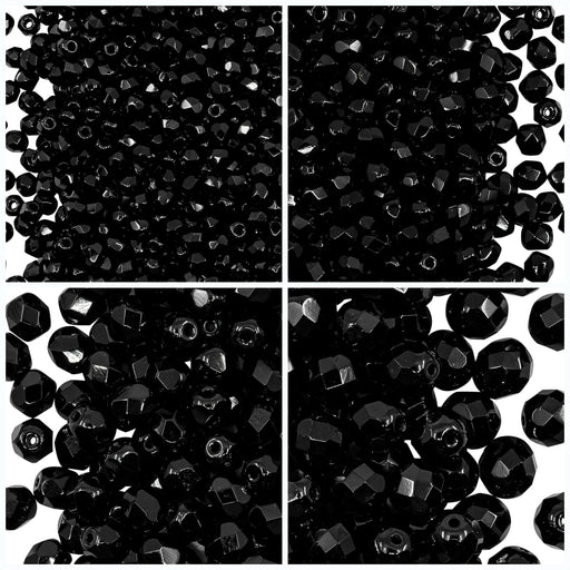 1 St. Fire Polished Glasperlen Set rund 3mm, 4mm, 6mm, 8mm,  Jet Schwarz, Tschechisches Glas