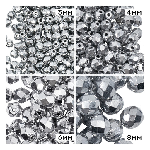 1 St. Fire Polished Glasperlen Set rund 3mm, 4mm, 6mm, 8mm, Kristall, Labrador voll (Silber metallic), Tschechisches Glas