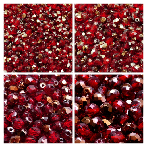 1 St. Fire Polished Glasperlen Set rund 3mm, 4mm, 6mm, 8mm, Rubin Valentinit, Tschechisches Glas