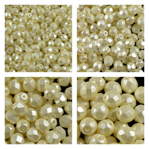 1 St. Fire Polished Glasperlen Set rund 3mm, 4mm, 6mm, 8mm, Pastell Crème hell, Tschechisches Glas