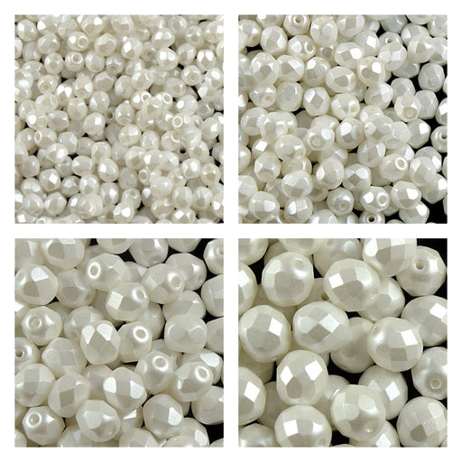 1 St. Fire Polished Glasperlen Set rund 3mm, 4mm, 6mm, 8mm, Pastell Weiß, Tschechisches Glas