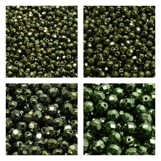 1 St. Fire Polished Glasperlen Set rund 3mm, 4mm, 6mm, 8mm, Dunkelgrün Metallic, Tschechisches Glas