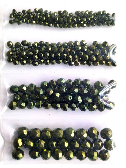 1 St. Fire Polished Glasperlen Set rund 3mm, 4mm, 6mm, 8mm, Dunkelgrün Metallic, Tschechisches Glas