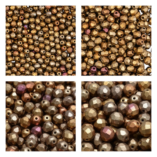 1 St. Fire Polished Glasperlen Set rund 3mm, 4mm, 6mm, 8mm, Seidig Gold irisierend matt, Tschechisches Glas