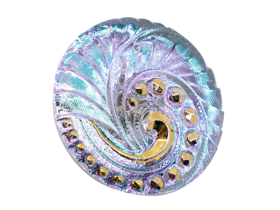 1 pc Tschechische Glasknöpfe handbemalt, Größe 12 (27.0 mm | 1 1/16''), Hellblau-Violett Chamäleon mit transparenten goldenen Spirale, Tschechisches Glas (Czech Glass Buttons)
