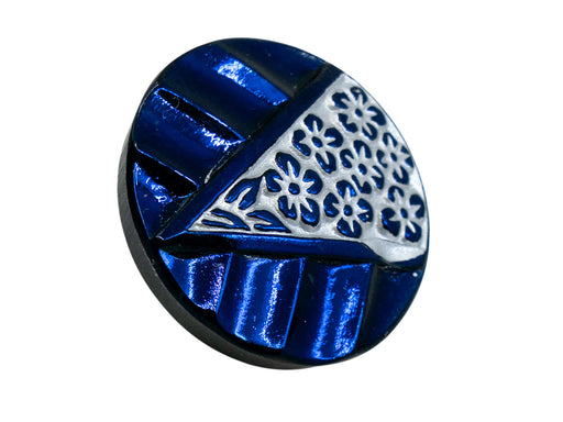 1 pc Tschechische Glasknöpfe handbemalt, Größe 8 (18.0 mm | 3/4''), Schwarz AB Blau mit silbernen Blumen im Dreieck, Tschechisches Glas (Czech Glass Buttons)