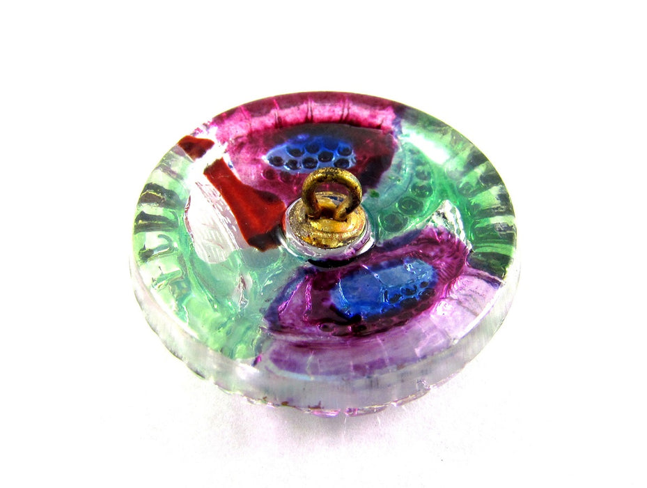 1 pc Tschechischer Glasknopf handbemalt, Größe 12 (27.0 mm | 1 1/16''), Blumenmuster Rosa Lila, Tschechisches Glas