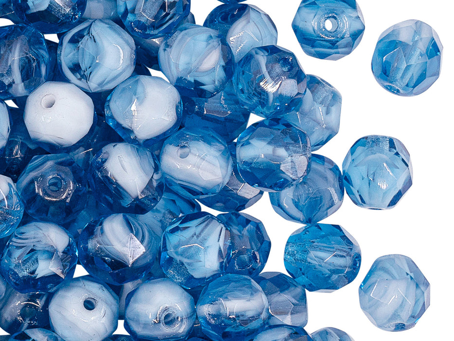 Fire Polished Glasperlen 8 mm Blau mit weißem Mondlicht Tschechisches Glas Farbe_Blue Farbe_ White Farbe_ Multicolored
