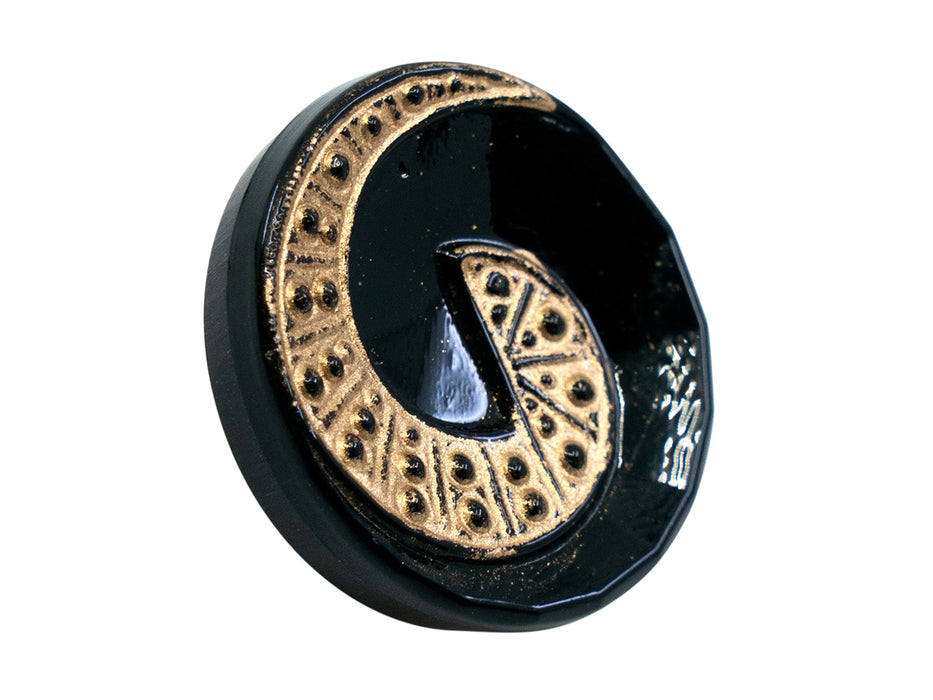Tschechische Glasknöpfe handbemalt Knopfgröße 8 Jet Black mit goldener Spirale und Punkten gewölbt Tschechisches Glas  Color_Black Color_Gold