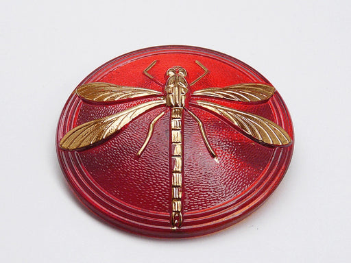 Tschechischer Glasknopf handbemalt Größe 18 (40.5 | 1 1/2'') Ruby Gold Libelle Tschechisches Glas  Red