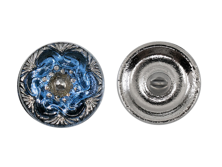 Tschechische Glasknöpfe handbemalt Größe 8 (18.0 mm | 3/4'') Tiefblassblau mit silbernem Muster Tschechisches Glas  Color_Blue Color_Silver