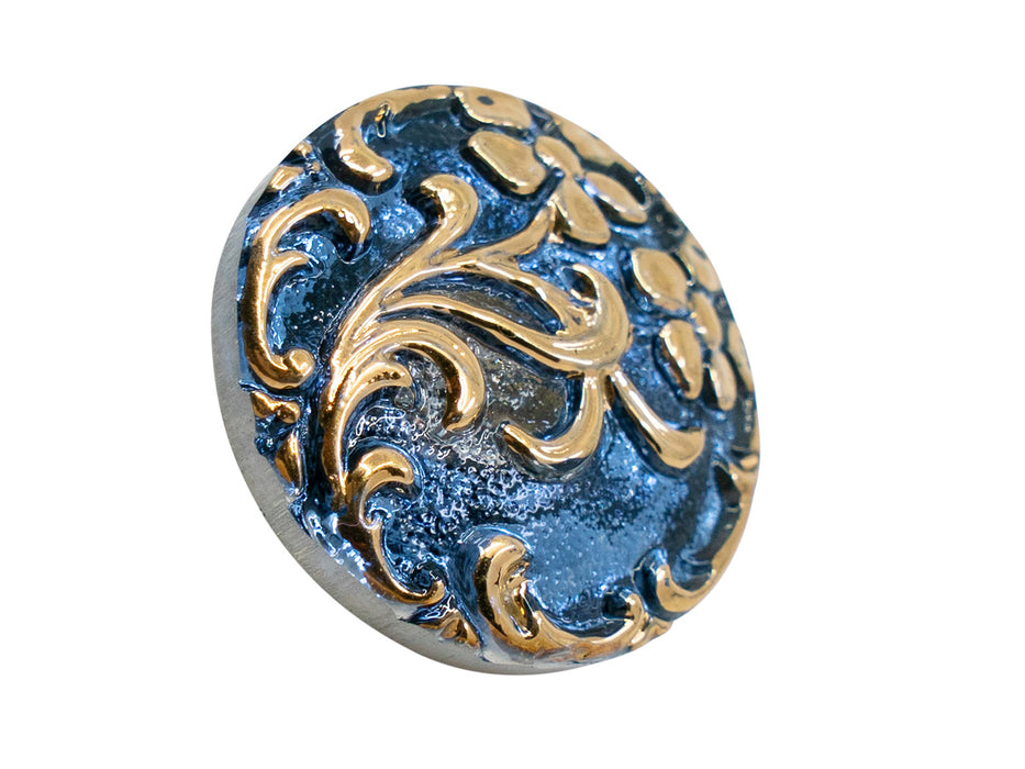 1 pc Tschechische Glasknöpfe handbemalt, Größe 8 (18.0 mm | 3/4''), Tiefblassblau mit goldenem Blumenmuster, Tschechisches Glas (Czech Glass Buttons)