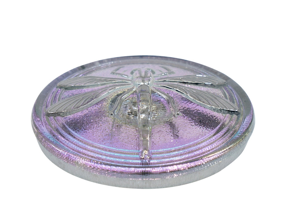 1 pc Tschechische Glasknöpfe handbemalt, Größe 12 (27.0 mm | 1 1/16''), Hellblau-Violett Chamäleon mit silberner Libelle, Tschechisches Glas (Czech Glass Buttons)