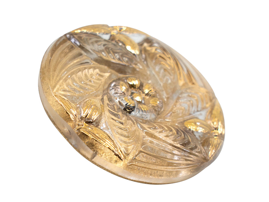 1 pc Tschechische Glasknöpfe handbemalt, Größe 12 (27.0 mm | 1 1/16''), Transparent Gold mit Blumenmuster, Tschechisches Glas (Czech Glass Buttons)