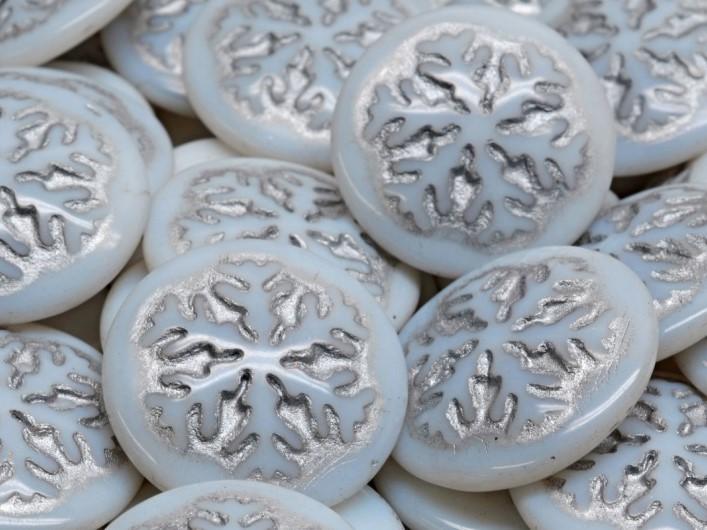 Tschechische Glascabochons 21 mm Weiß Alabaster mit silbernen Verzierung Tschechisches Glas  Farbe_White Farbe_ Silver