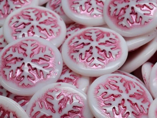 Tschechische Glascabochons 21 mm Weiß Alabaster mit fuchsiafarbenen Verzierung Tschechisches Glas  Farbe_White Farbe_ Purple