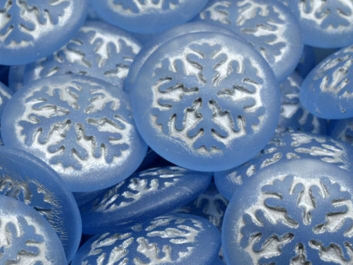 Tschechische Glascabochons 21 mm Hell Saphir matt mit silbernen Verzierung Tschechisches Glas  Farbe_Blue Farbe_ Silver
