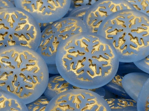 Tschechische Glascabochons 21 mm Hell Saphir matt mit goldenen Verzierung Tschechisches Glas  Farbe_Blue Farbe_ Gold