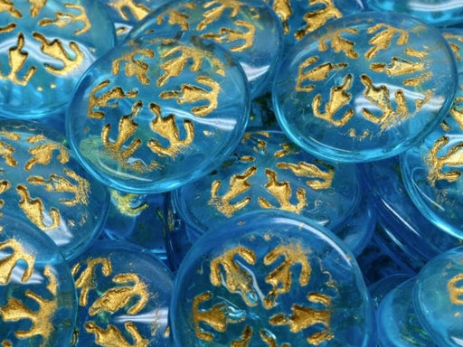 Tschechische Glascabochons 21 mm Aquamarin mit goldenen Verzierung Tschechisches Glas  Farbe_Blue Farbe_ Gold
