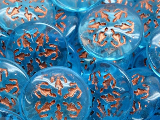 Tschechische Glascabochons 21 mm Aquamarin mit kupfernen Verzierung Tschechisches Glas  Farbe_Blue Farbe_ Brown