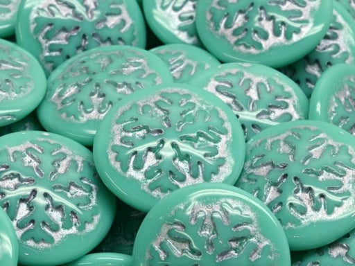 Tschechische Glascabochons 21 mm Opak Türkis mit silbernen Verzierung Tschechisches Glas  Farbe_Green Farbe_ Silver