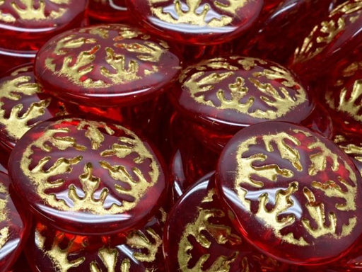 Tschechische Glascabochons 21 mm Rubin mit goldenem Muster Tschechisches Glas Farbe_Red
