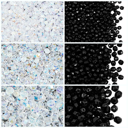 1 St. Fire Polished Glasperlen Set rund 3mm, 4mm, 6mm, 2 Farben, Jet Schwarz und Kristall AB, Tschechisches Glas
