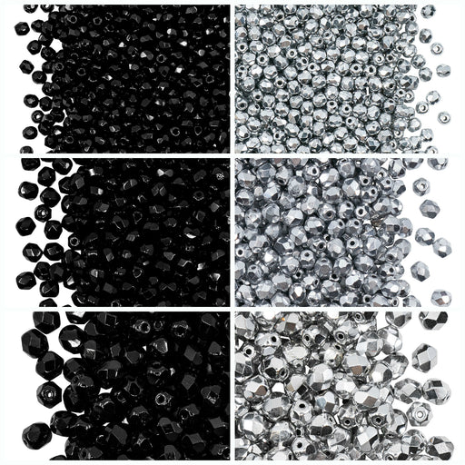 1 St. Fire-Polished Glasperlen Set Rund 3mm, 4mm, 6mm, 2 Farben,  Jet Black und Kristall Labrador voll, Tschechisches Glas