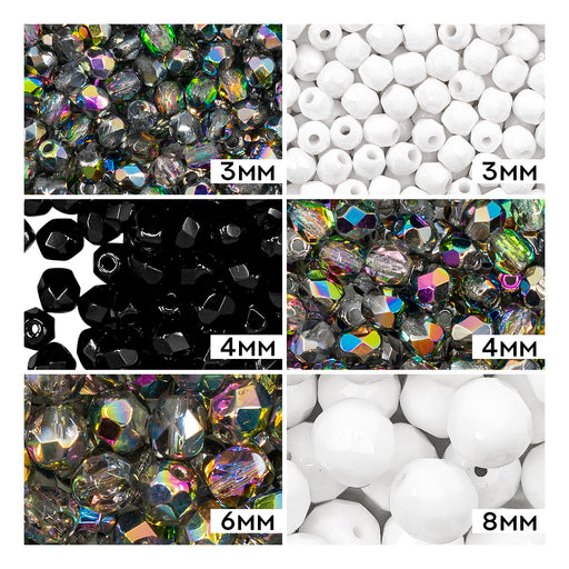 1 St. Fire Polished Glasperlen Set rund 3mm, 4mm, 6mm, 8mm. 3 Farben: Kristall Glasmalerei, Jet Schwarz, Kreideweiß, Tschechisches Glas