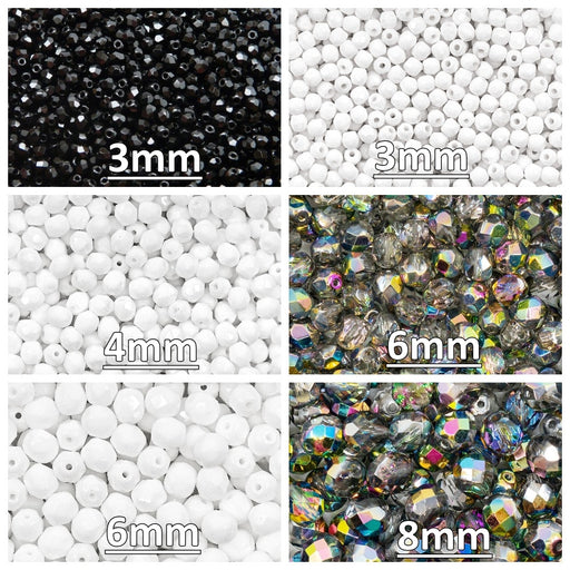 1 St. Fire Polished Glasperlen Set rund 3mm, 4mm, 6mm, 8mm. 3 Farben: Kristall Glasmalerei, Jet Schwarz, Kreideweiß, Tschechisches Glas