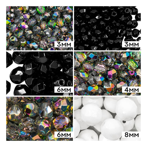 1 St. Fire Polished Glasperlen Set rund 3mm, 4mm, 6mm, 8mm. 3 Farben: Kristall Glasmalerei, Jet Schwarz, Kreideweiß, Tschechisches Glas