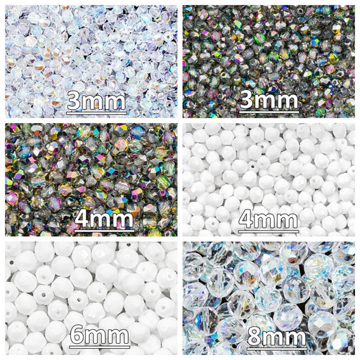 1 St. Fire Polished Glasperlen Set rund 3mm, 4mm, 6mm, 8mm. 3 Farben: Kristall Glasmalerei, Kreideweiß, Kristall AB, Tschechisches Glas