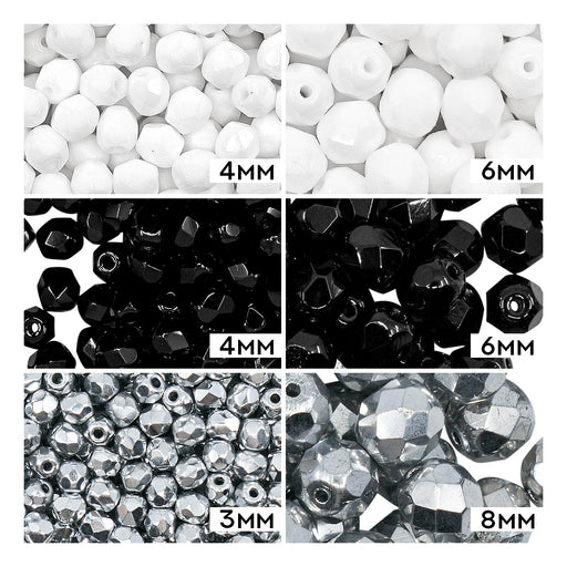 1 St. Fire Polished Glasperlen Set rund  3mm, 4mm, 6mm, 8mm. 3 Farben: Schwarz, Kreideweiß, Kristall Labrador voll, Tschechisches Glas