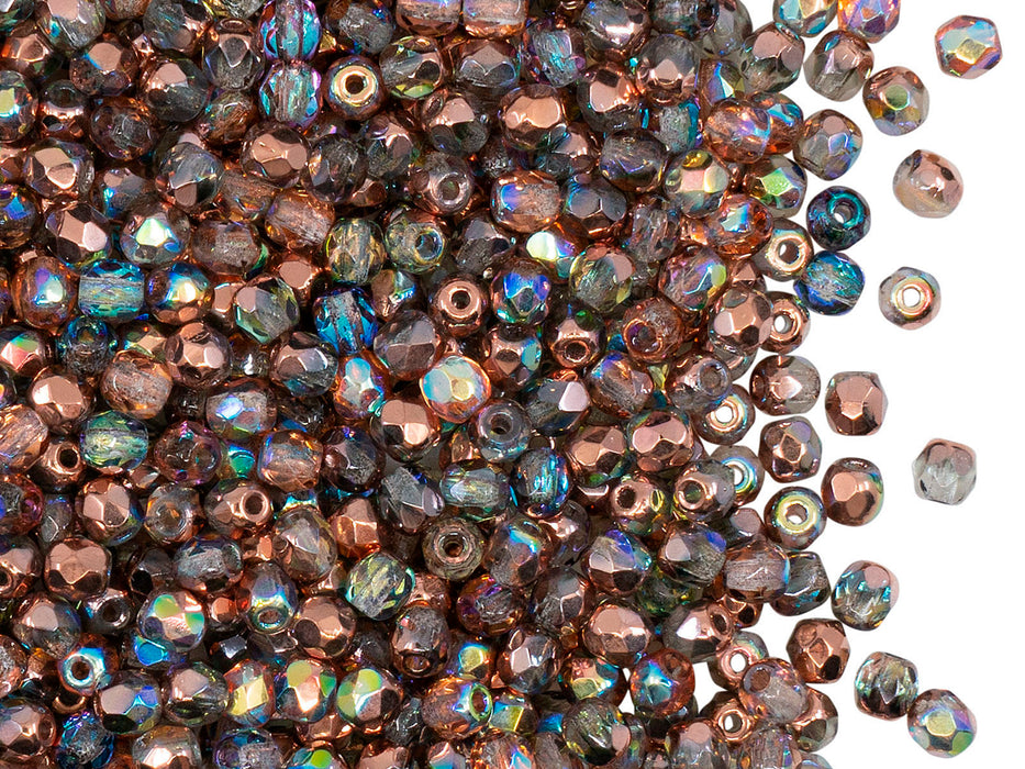 100 St. Fire Polished facettierte Glasperlen rund 3mm, Kristall, Kupfer schimmernd, Tschechisches Glas