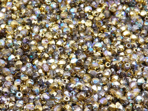 100 St. Fire Polished facettierte Glasperlen rund 3mm, Kristall, gold schimmernd, Tschechisches Glas