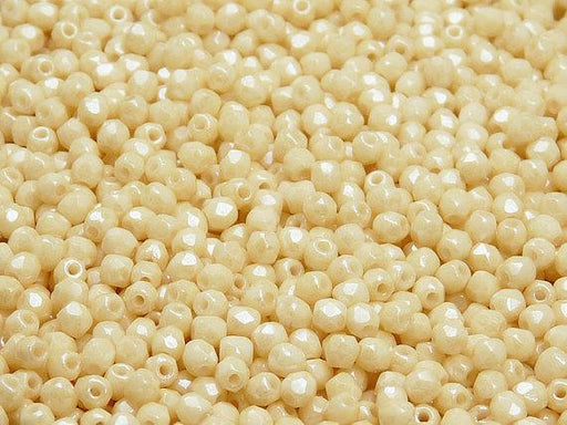 100 St. Fire Polished facettierte Glasperlen rund 3mm, Opak Beige, Keramik Look (Weiß Kreide, Beige Luster), Tschechisches Glas